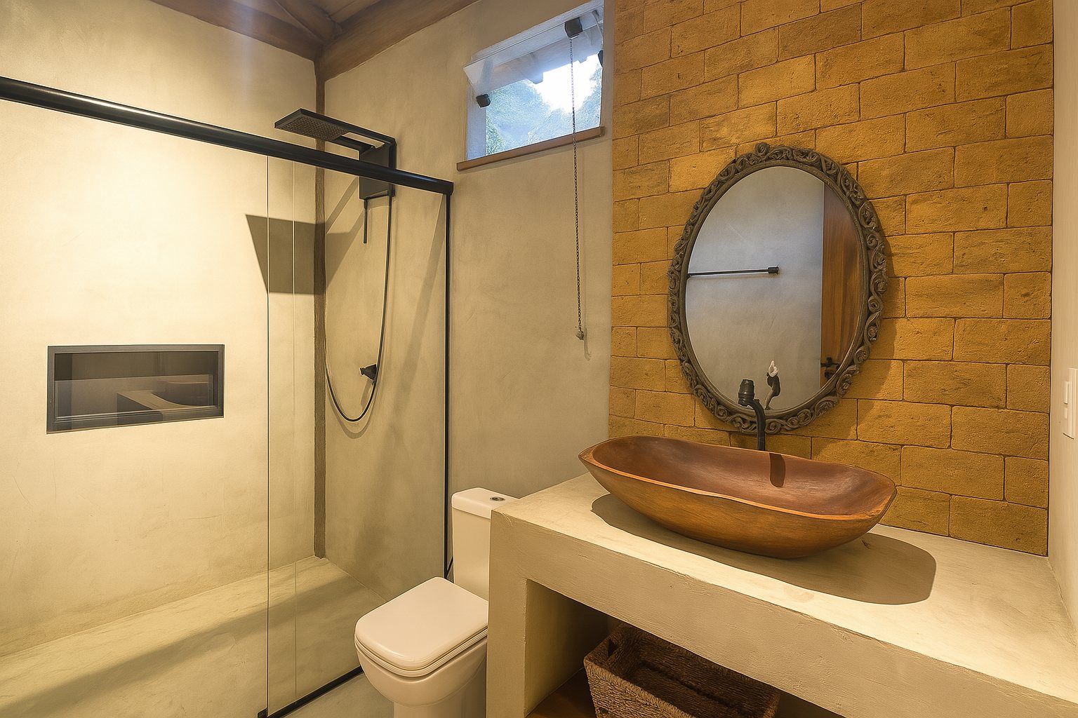 Banheiro social compartilhado com o quarto de casal na Casa Bem Bahia